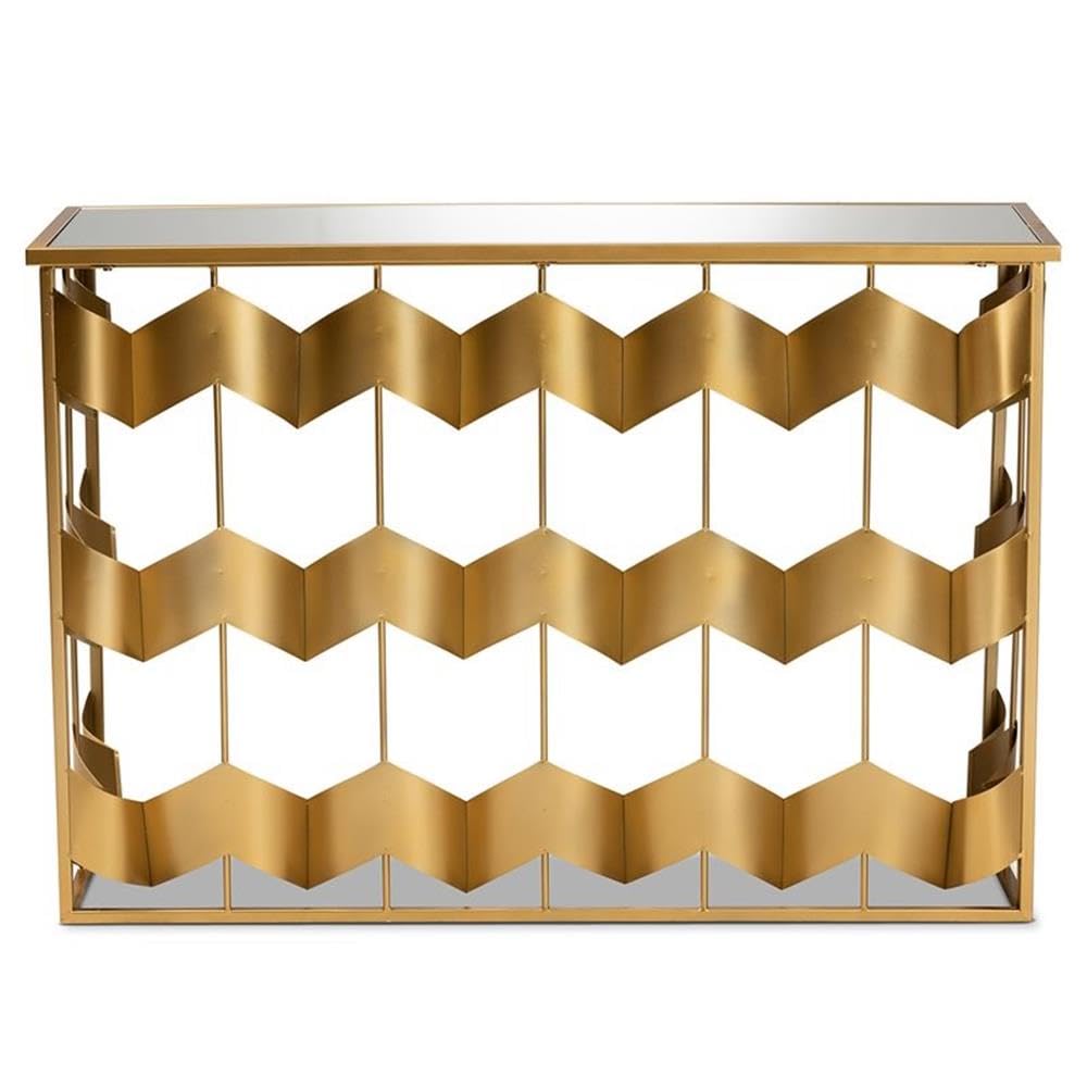 Baxton Studio Vega Glam and Luxe Gold Finished Metal and Mirrored Glass Geometric Console Table